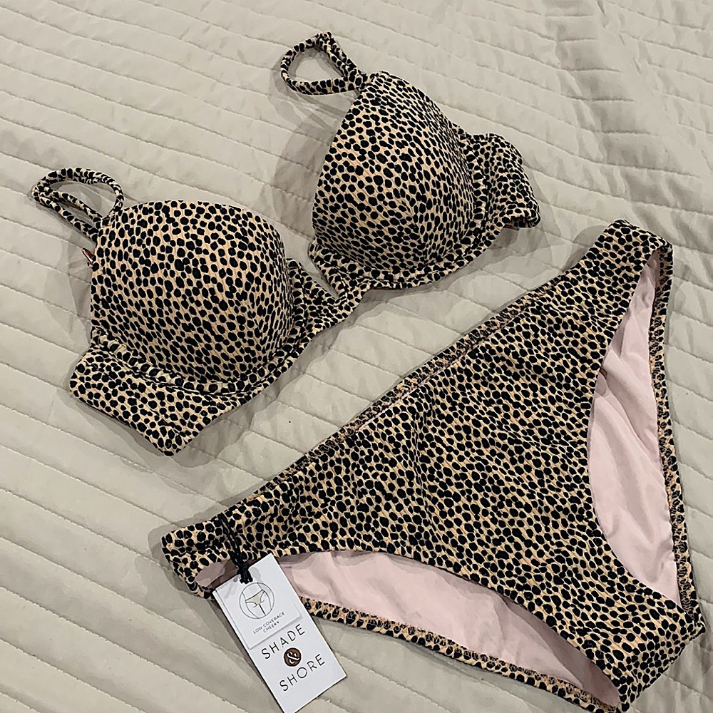 Shade & shore 34B M bathing suit bikini dotted black nude pattern padded wired